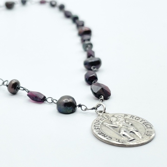 Pure Garnet & Black Pearl 925 Sterling Silver St.Christopher Pendant Necklace - Picture 3 of 9